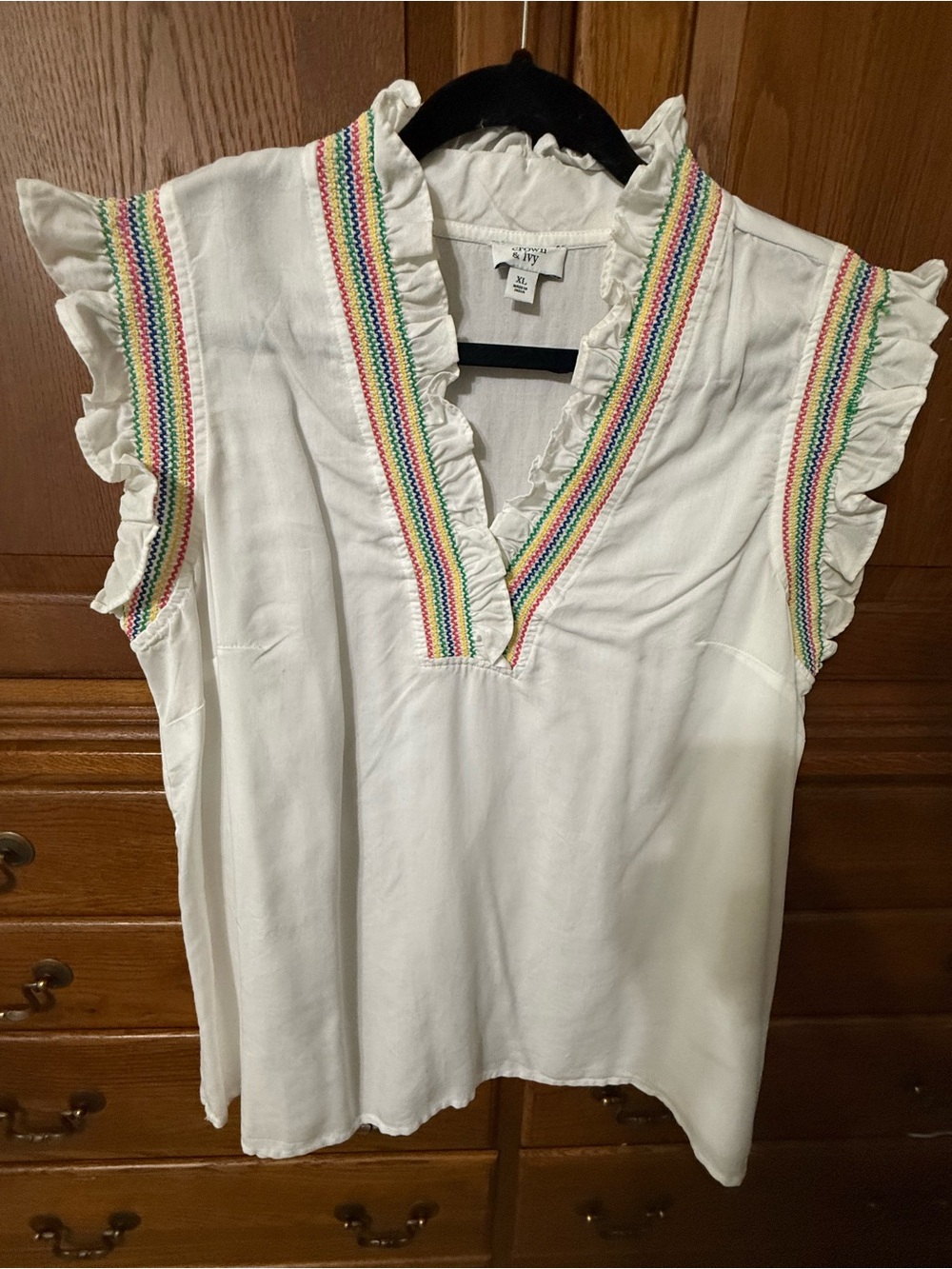 crown & ivy White Ruffle V-Neck Blouse with Rainbow Trim